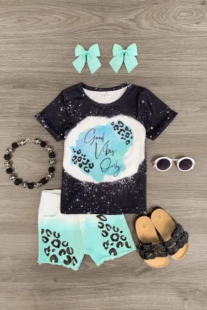 "Good Vibes Only" Mint Cheetah Denim Short Set