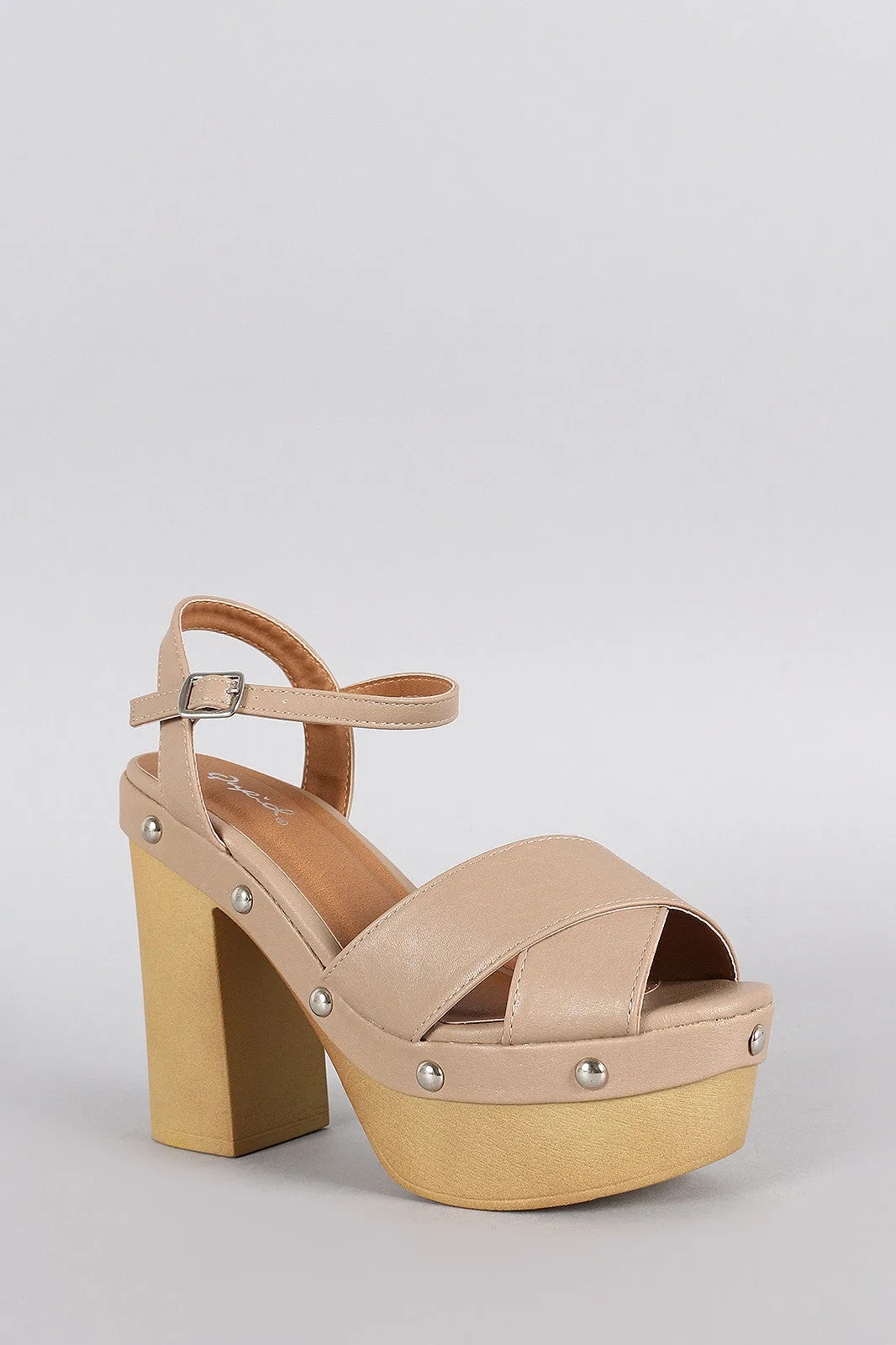 Qupid Studded Criss Cross Ankle Strap Chunky Platform Heel