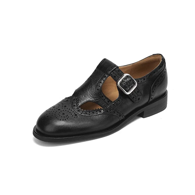 Retro Brogue Carving Leather T Strap Mary Jane Shoes In Black/Coffee