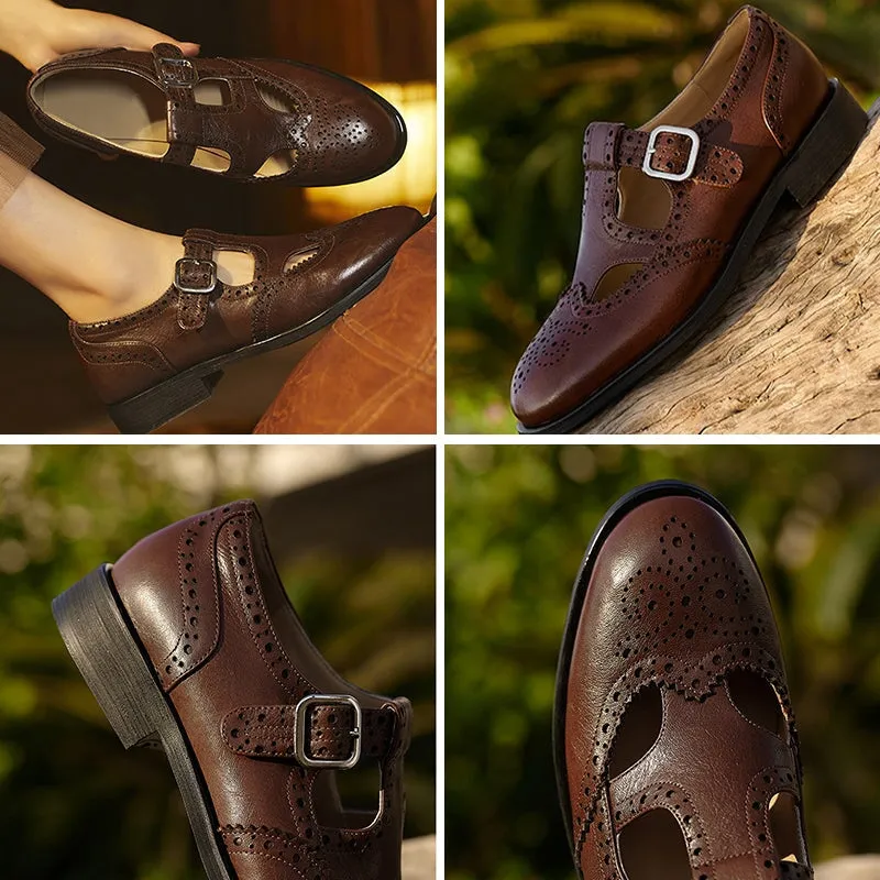 Retro Brogue Carving Leather T Strap Mary Jane Shoes In Black/Coffee