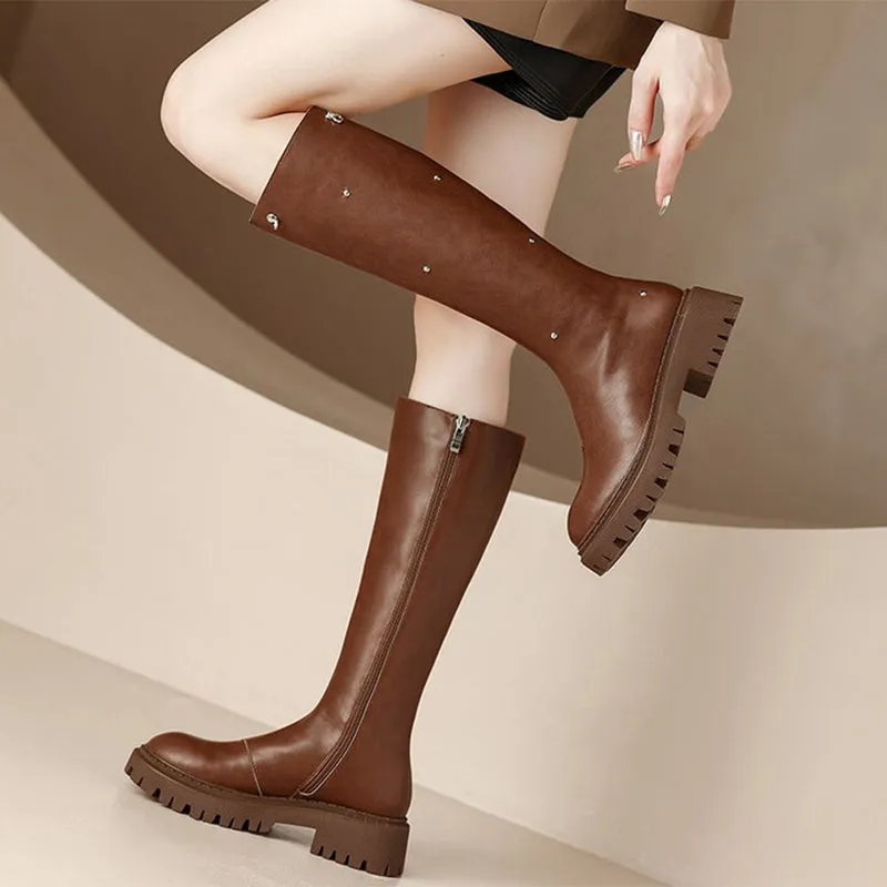 Rivet Riding Boots for Women in Black/Brown Leather - Chunky Sole Tall Boots