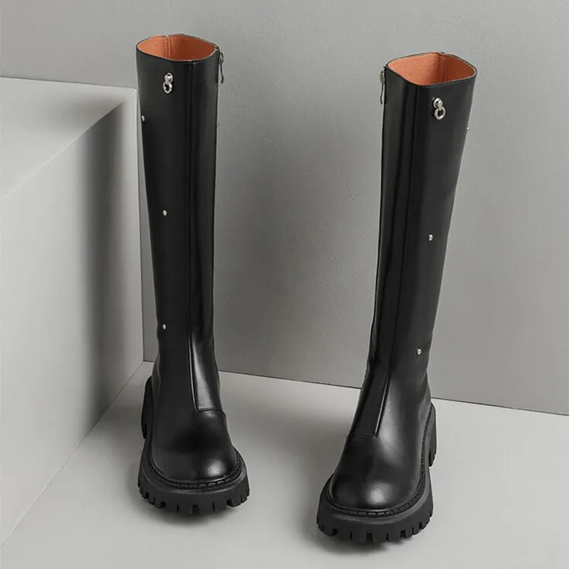 Rivet Riding Boots for Women in Black/Brown Leather - Chunky Sole Tall Boots