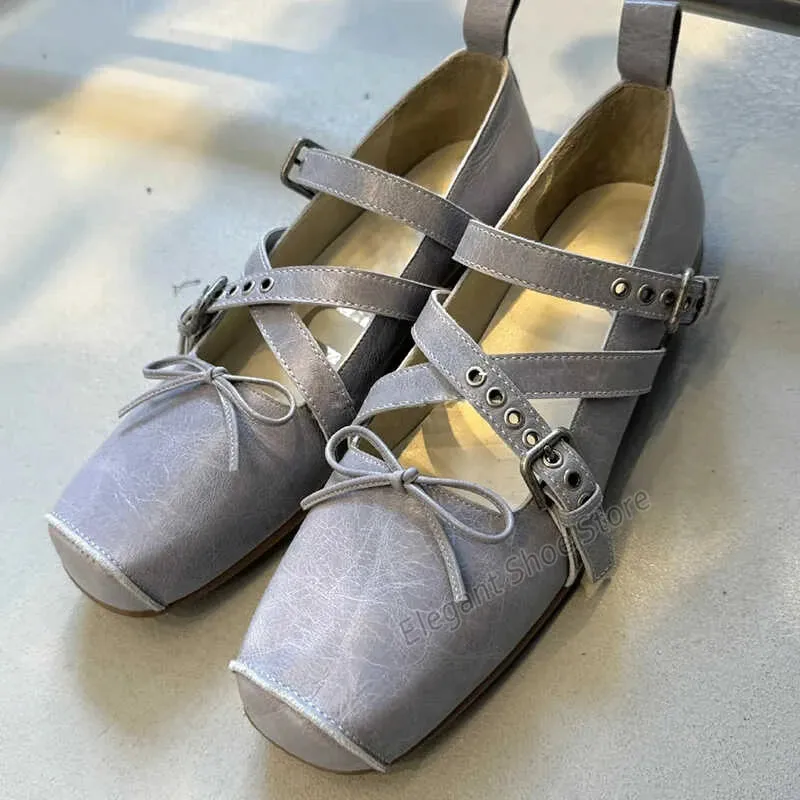 TAVIMART  -  Retro Bowknot Ballet Shoes Women Flats Fashion Square Toe Cross Belt Buckle Mary Jane Shoes Summer New Shallow Casual Shoes