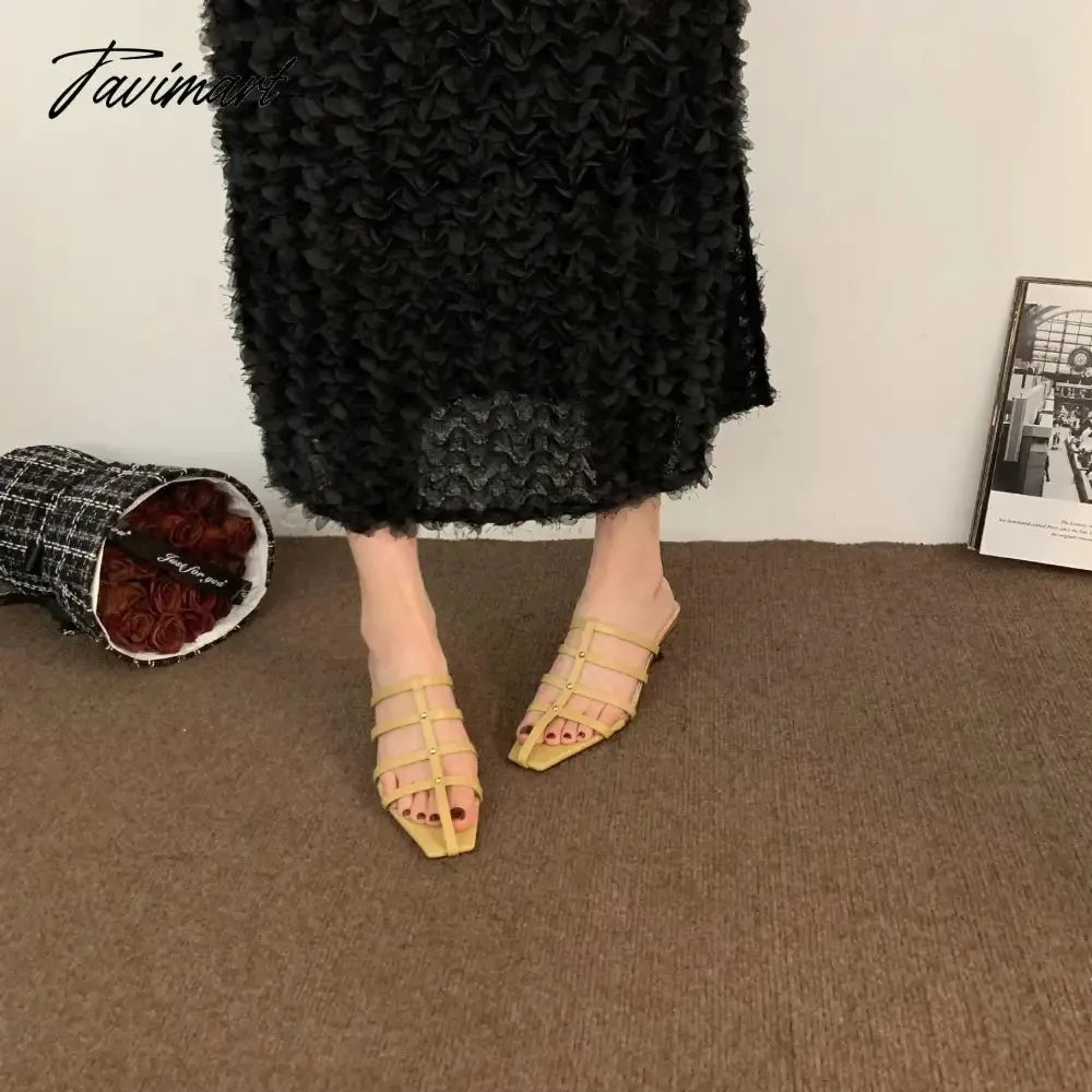 TAVIMART  -  Shoes Woman's Slippers Square Toe Low Slides Thin Heels Med Cross-Tied Summer Rome Basic Rubber Fabric Scandals PU Hoof