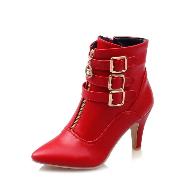 Triple Belt Zip-Up Ankle High Boots