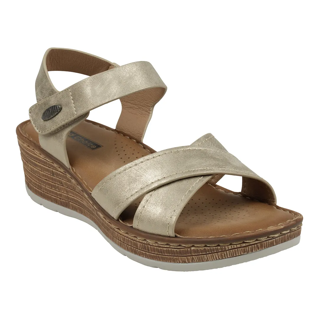 Vienna Beige Cross Strap Velcro Slingback Wedge Sandals