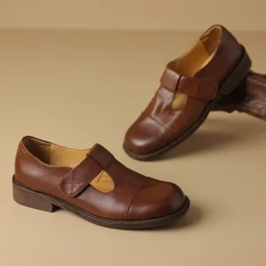 Vintage Leather T-strap Mary Jane Shoes For Women Round Toe in Black/Brown