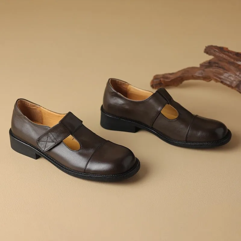 Vintage Leather T-strap Mary Jane Shoes For Women Round Toe in Black/Brown