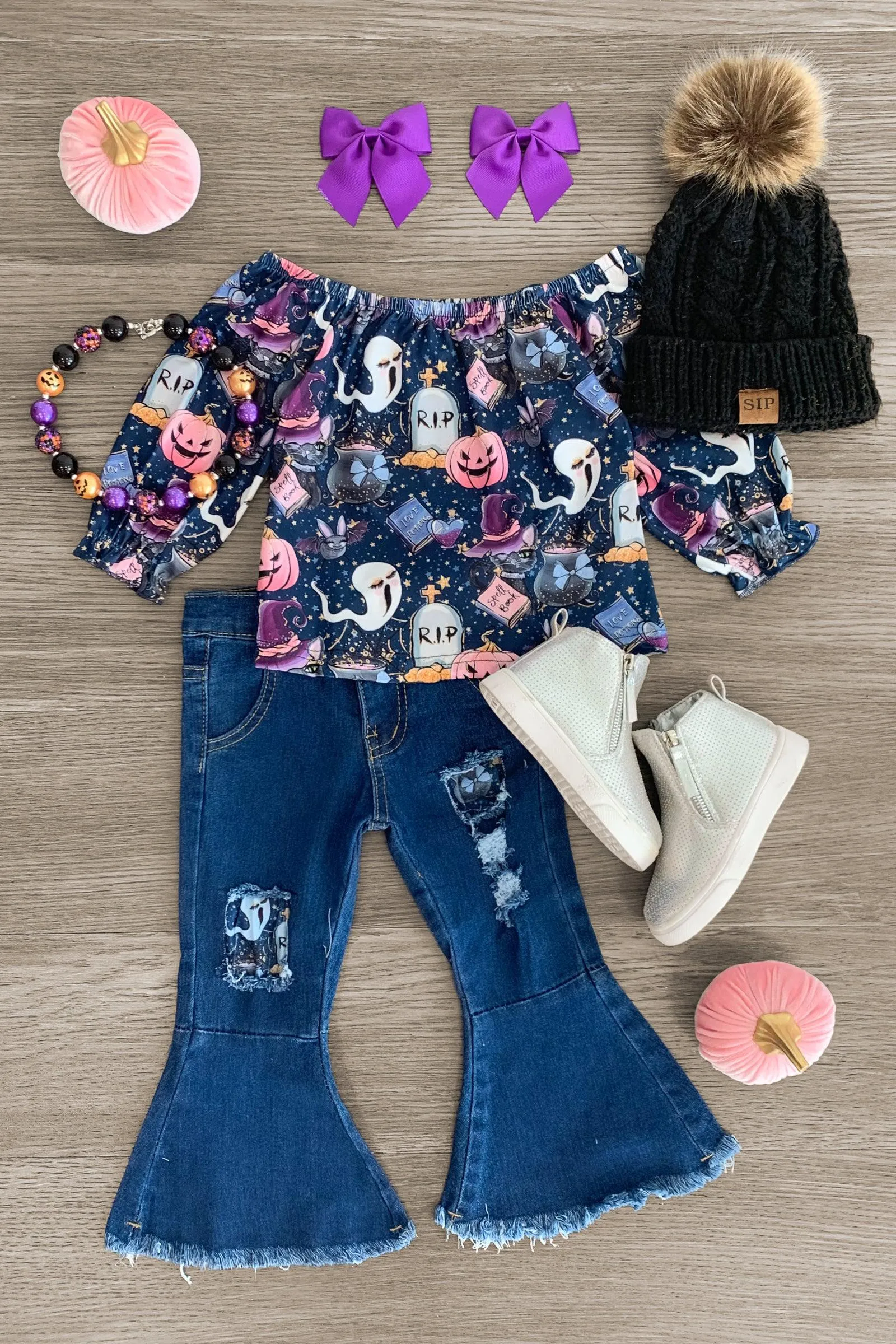 Witchy Distressed Denim Bell Bottom Set