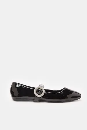 Women Patent Crystal-Embellished Buckle Flats