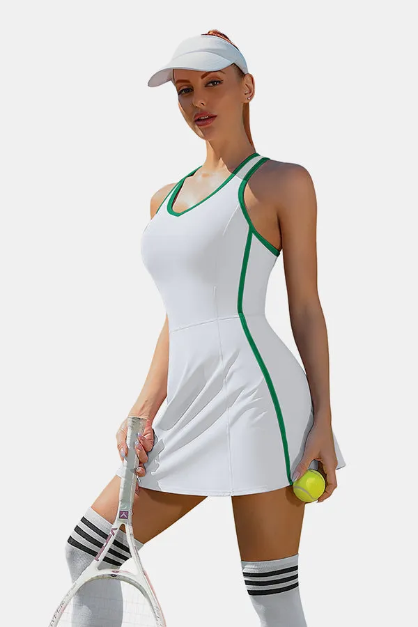 Women's Tennis Dress with Shorts Pockets and Bra V Neck Racerback White Golf Outfits