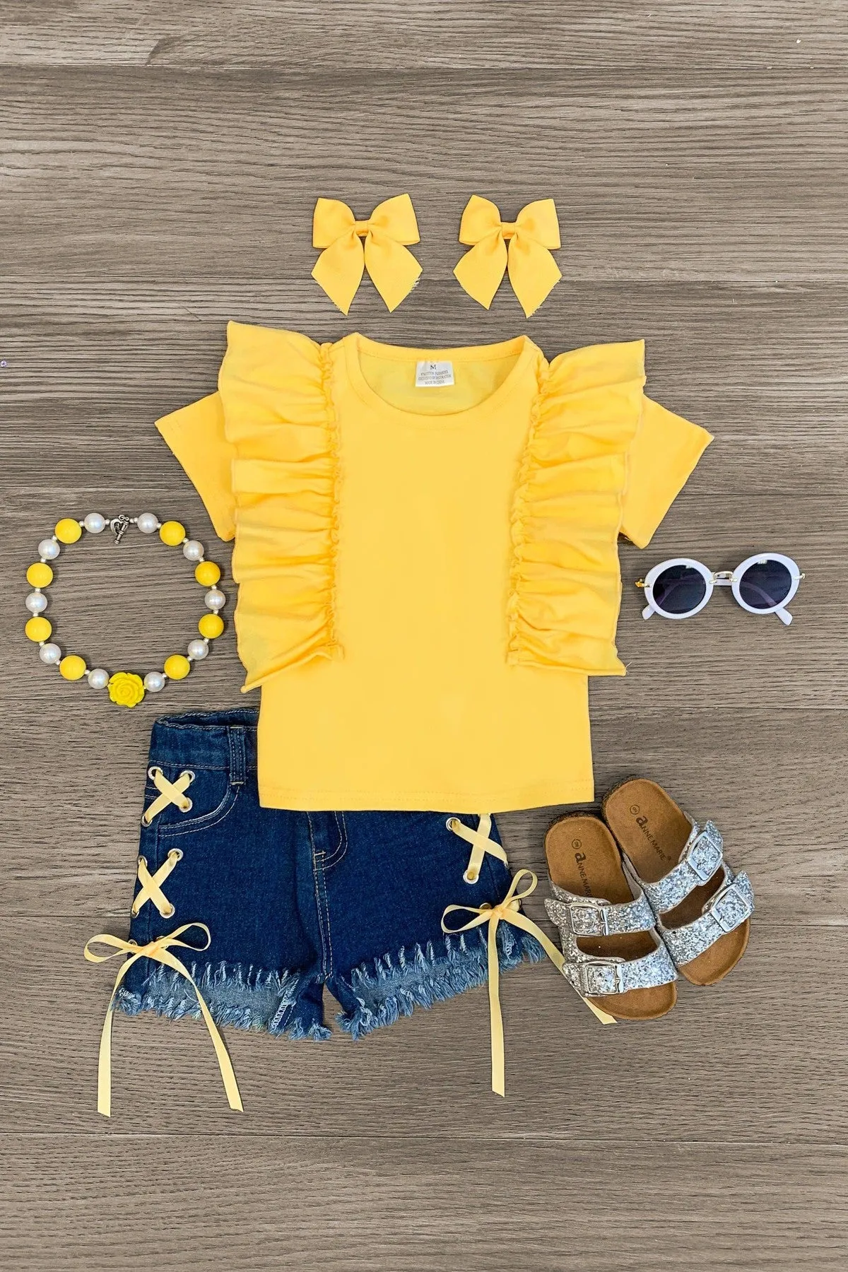 Yellow Ruffle Lace Up Denim Short Set